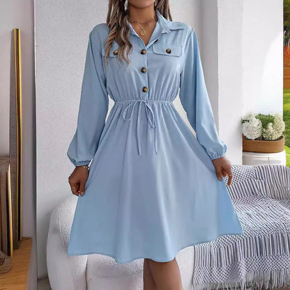 Real Shot Autumn Winter Casual Button Lace up Waist Controlled Long Sleeves Shirt Dress Women Clothing