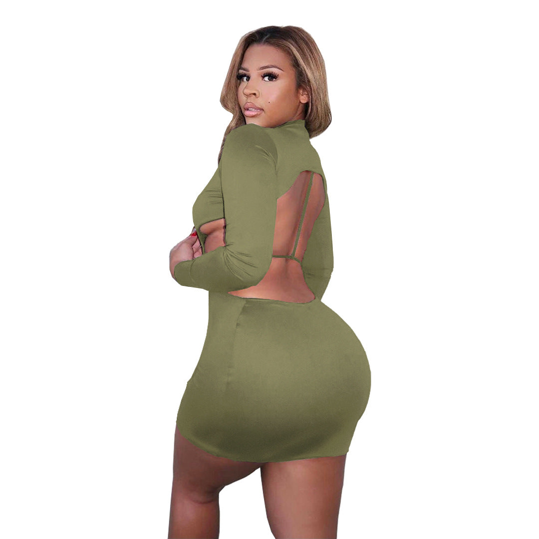 Women Clothing Solid Color Sanding Half Turtleneck Sexy Backless Dress