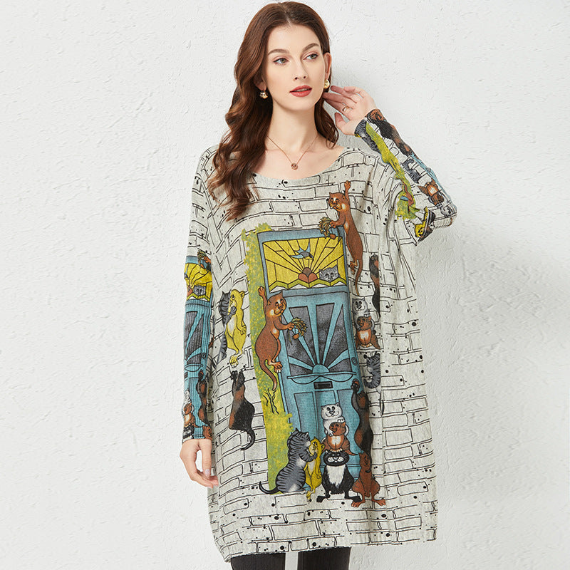 Cartoon Printed Sweater Women Loose Outer Wear Idle Top Mid-Length Bottoming Knitwear