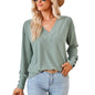Autumn Winter Solid Color V neck Jacquard Button Loose Fitting T shirt Top Women Clothing