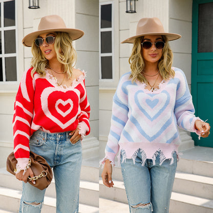 Street Hipster Pullover Love V-neck Cut Tassel Long Sleeve Pullover Loose Cool Sweater