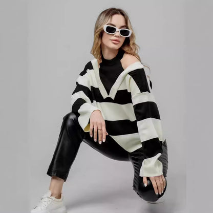 Chic Autumn Winter Retro Western Halter Off Shoulder Faux Two Pieces Design Contrast Color Striped Long Sleeve Knitted Sweater Women