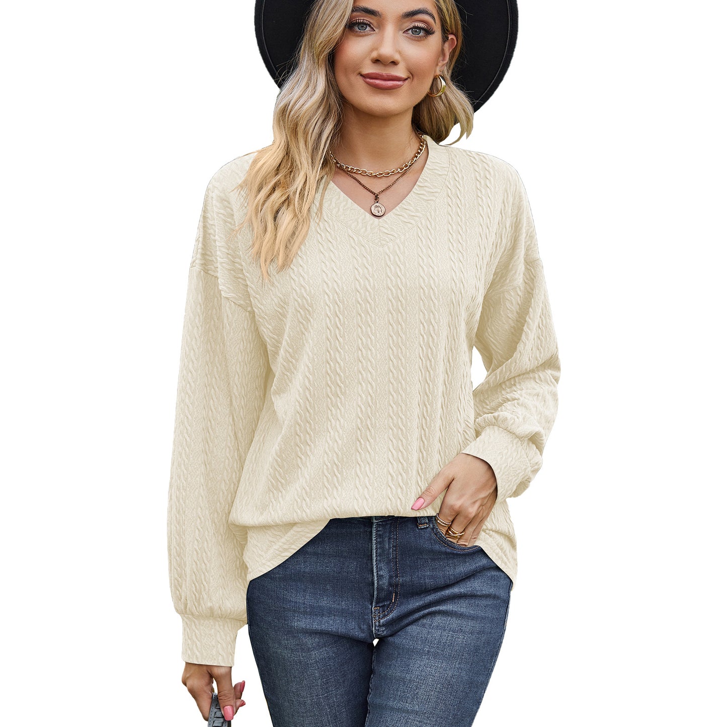 Autumn Winter Solid Color V neck Loose Casual Long Sleeves T shirt Top Women Clothing