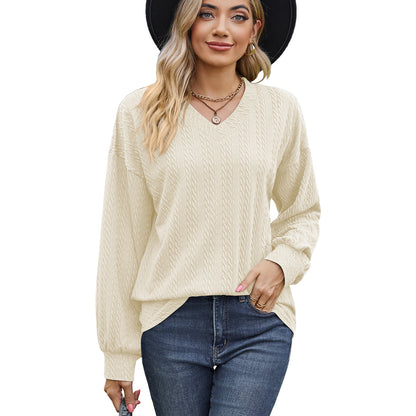 Autumn Winter Solid Color V neck Loose Casual Long Sleeves T shirt Top Women Clothing