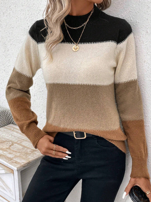 Autumn Winter Contrast Color Sweater Women Pullover round Neck Long Sleeves Knitwear Casual All Matching Tops