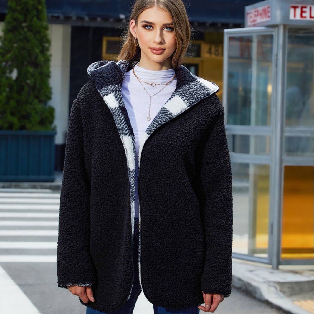 Women Clothing Autumn Winter Plaid Loose Casual Buckle-Free Cardigan Double Layer Plush Coat Women