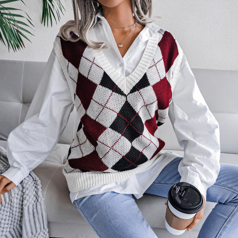 Autumn Winter College Rhombus V-neck Casual Loose Knit Vest Sweater Women Clothing