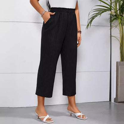 Elegant Pants Button Jacquard Straight Elastic Waist Wide Leg Cropped Pants Solid Color Office Casual Pants Women