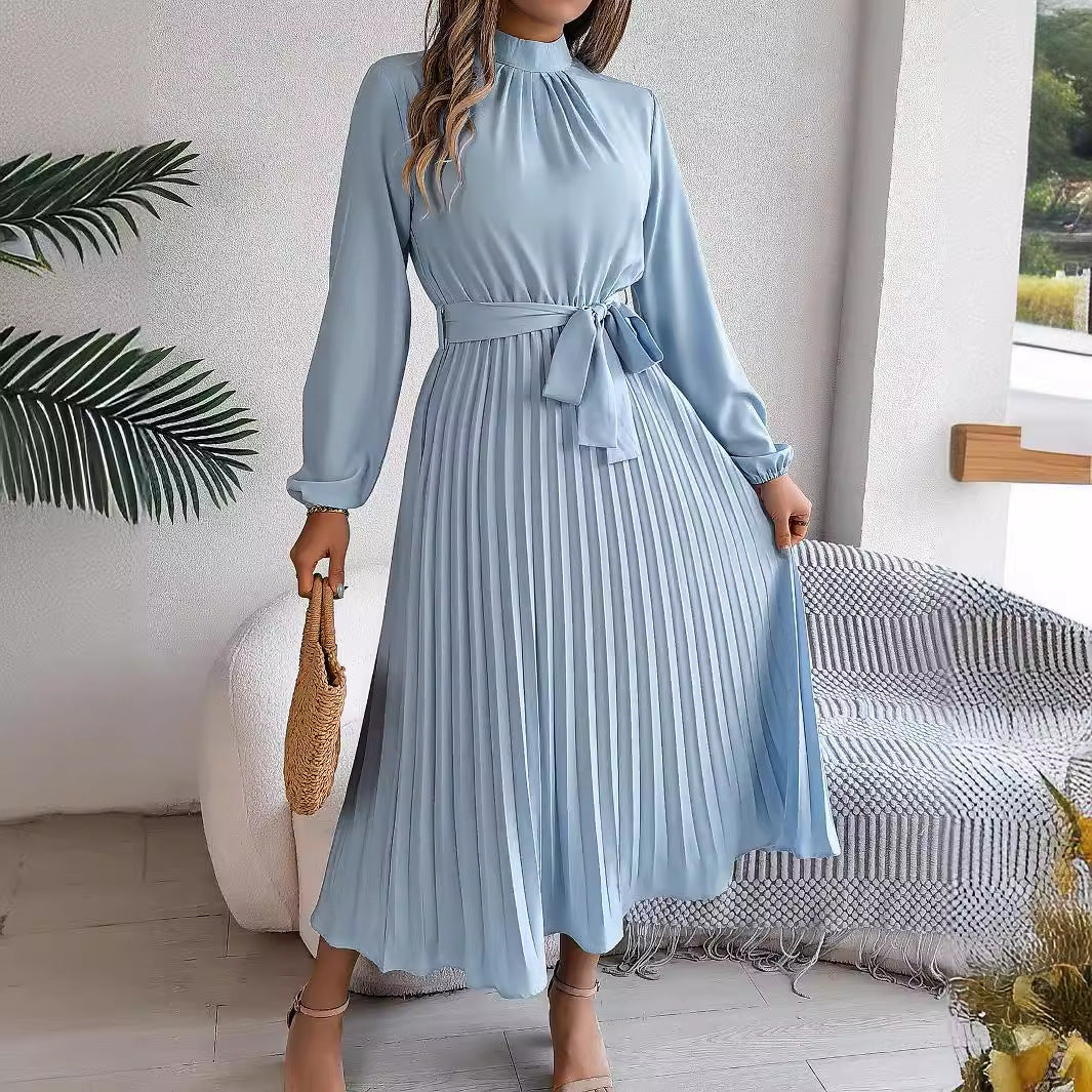 Autumn Winter Elegant Stand Collar Long Sleeve Cinched Pleated Maxi Dress Small Dress Women Clothing