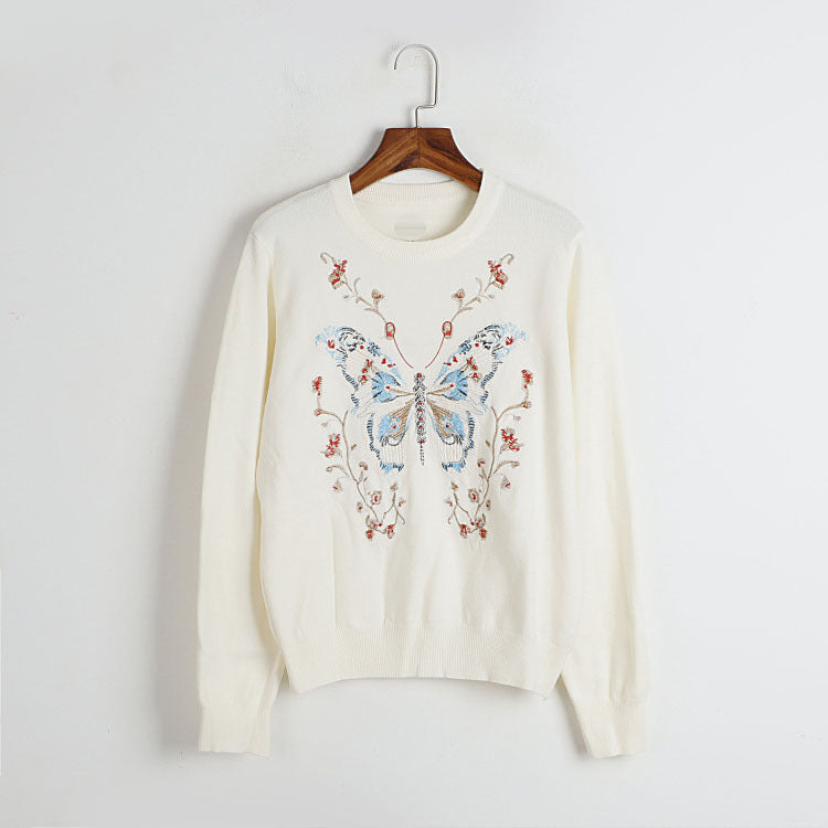 Autumn Winter Heavy Industry Butterfly Floral Crochet Embroidery Knitwear Top Elegance Retro Artistic All Match Sweater Women