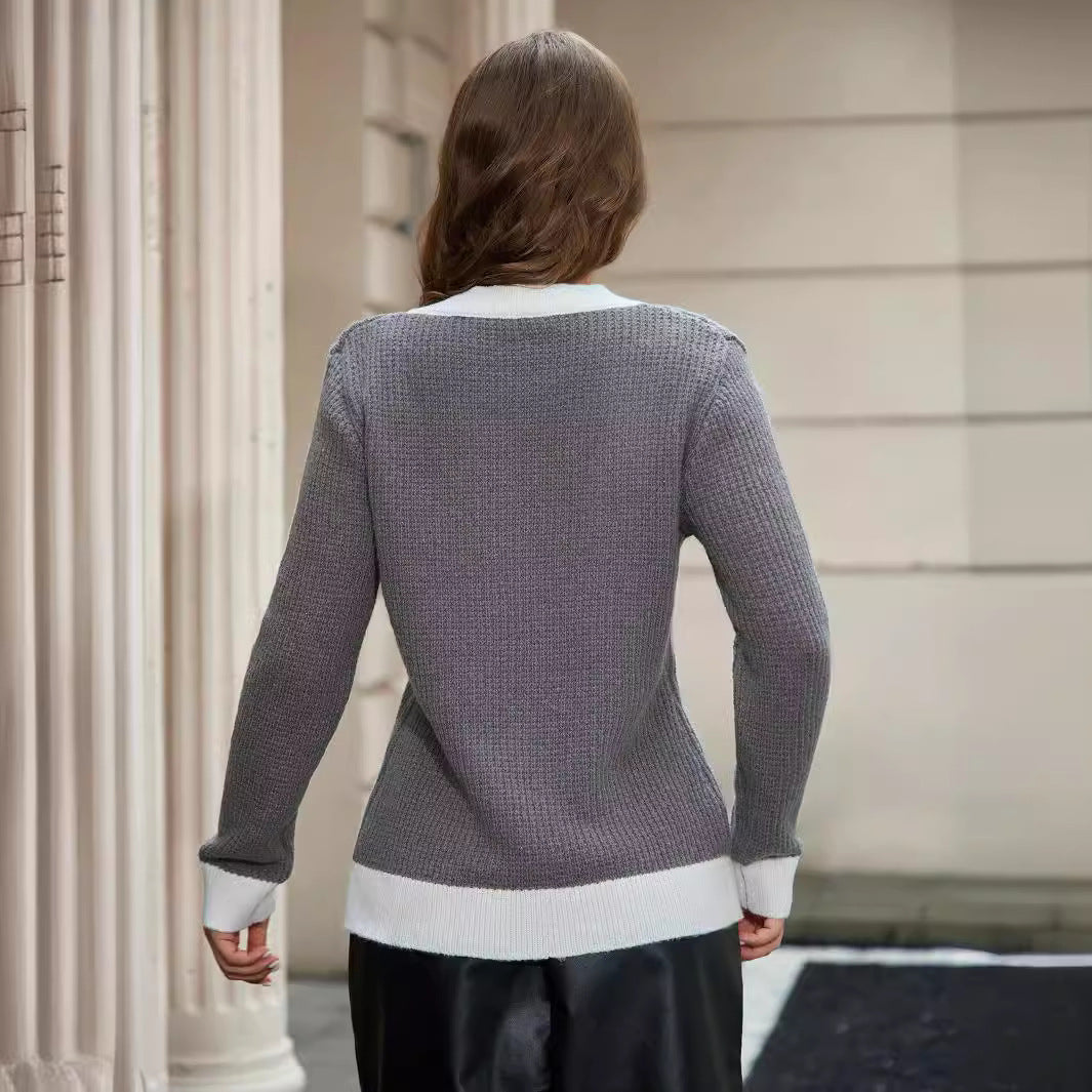 Women Clothing Sweater V Neck Pullover White Edge Long Sleeve Knitted Solid Color Slim Fit Top