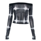 Trend 3D Printed Contrast Color Long Sleeves Short Mesh Top Women Slim Fit Sexy See Through