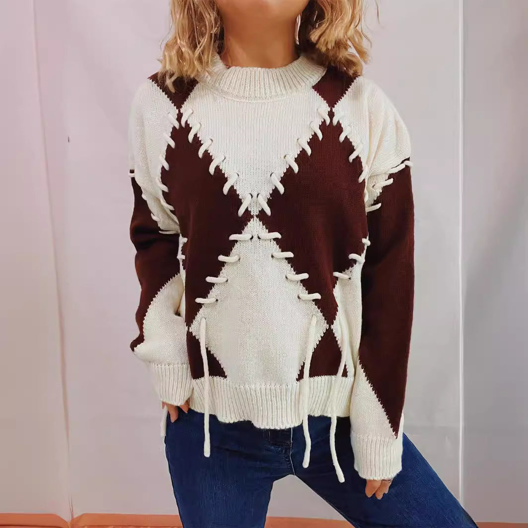 Spring round Neck Long Sleeve Hit Color Diamond Lattice Handmade Rope Strap Knitted Pullover Sweater for Women