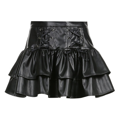 Dark Criss Cross Lace up Slimming Leather Skirt Double-Layer Stitching Faux Leather Zipper Pleated Skirt