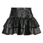 Dark Criss Cross Lace up Slimming Leather Skirt Double-Layer Stitching Faux Leather Zipper Pleated Skirt