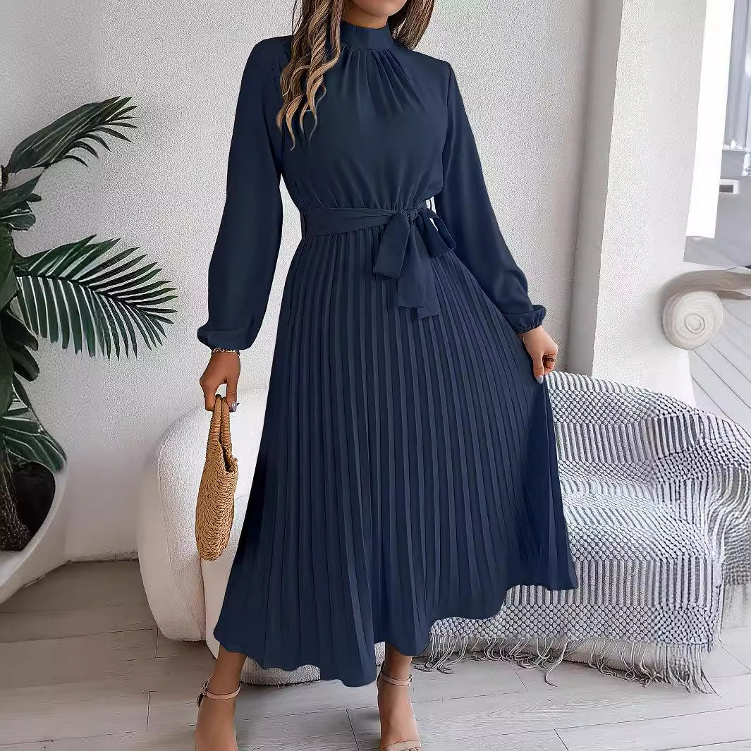 Autumn Winter Elegant Stand Collar Long Sleeve Cinched Pleated Maxi Dress Small Dress Women Clothing