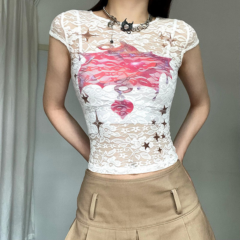 Niche Design Lace Abstract Printing Slim Fit See through Short T shirt Sexy Cropped Exposed Top