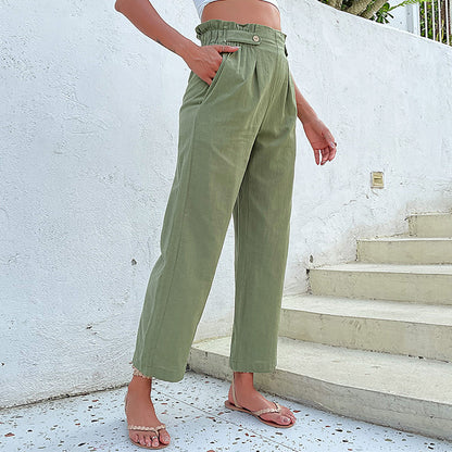 Summer Women Solid Color Cropped Straight Casual Pants