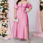 Plus Size Tube Top Off Shoulder Dress Lace Up Puff Sleeve High Slit Maxi Dress Women Clothing