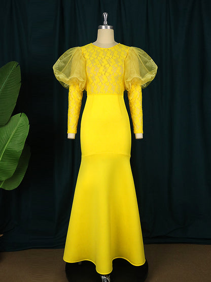 Lace Mesh See through Cocktail Sheath Dress Creative Lantern Sleeve Figure Flattering Dress Yellow Dress