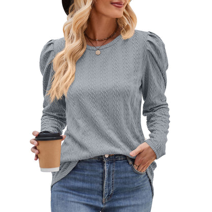 Women round Neck Puff Sleeve Knitted Jacquard Solid Color Top Long Sleeve Twist T shirt