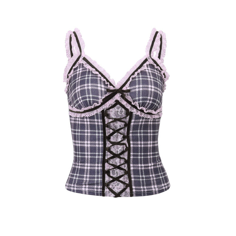 Women Clothing Autumn Sweet Spicy Pure Want Lace Stitching Plaid Drawstring Inner Vest for Women