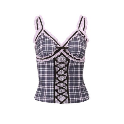 Women Clothing Autumn Sweet Spicy Pure Want Lace Stitching Plaid Drawstring Inner Vest for Women