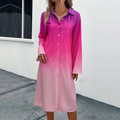 Autumn Women Long Sleeve Gradient Shirt Dress