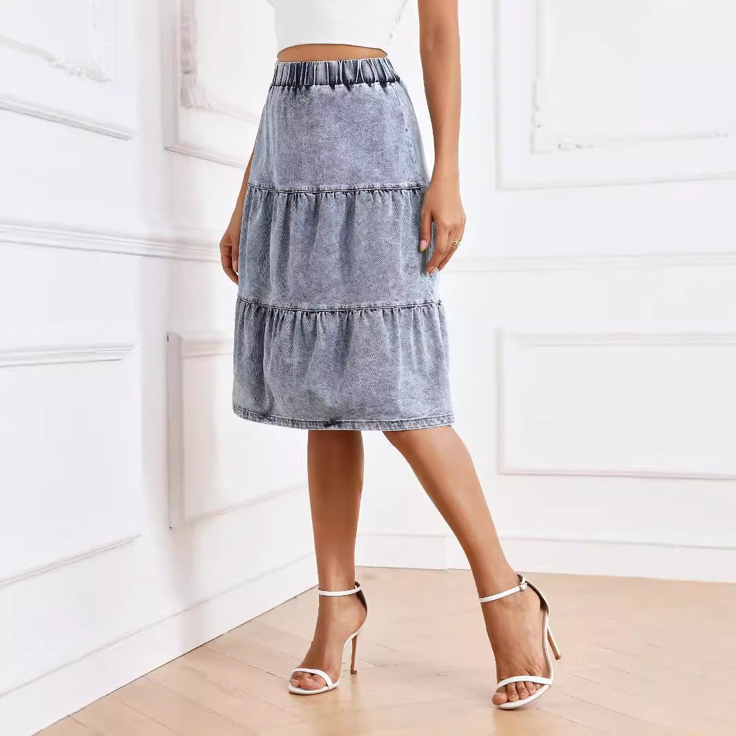 Midi Length Cake Denim Long Skirts Summer Lady Elegant Hem Stitching Elastic Waistband Slimming