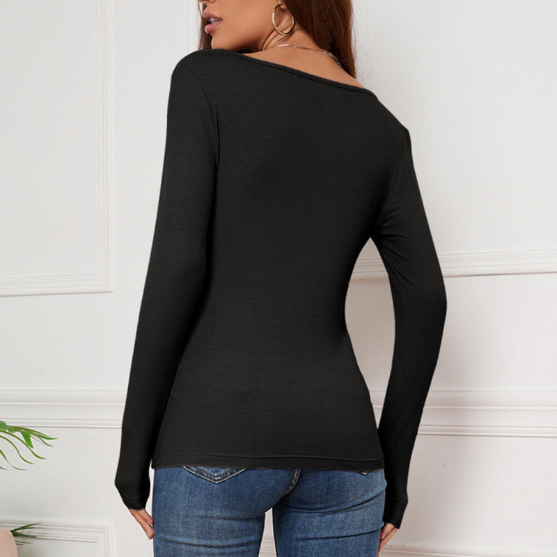 Solid Color Ken Stripe V-neck Buttons Long Sleeve T-shirt Slim Fit Bottoming Top Women