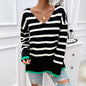 Women Autumn Winter Clothing Loose Contrast Color V neck Long Sleeve Sweater