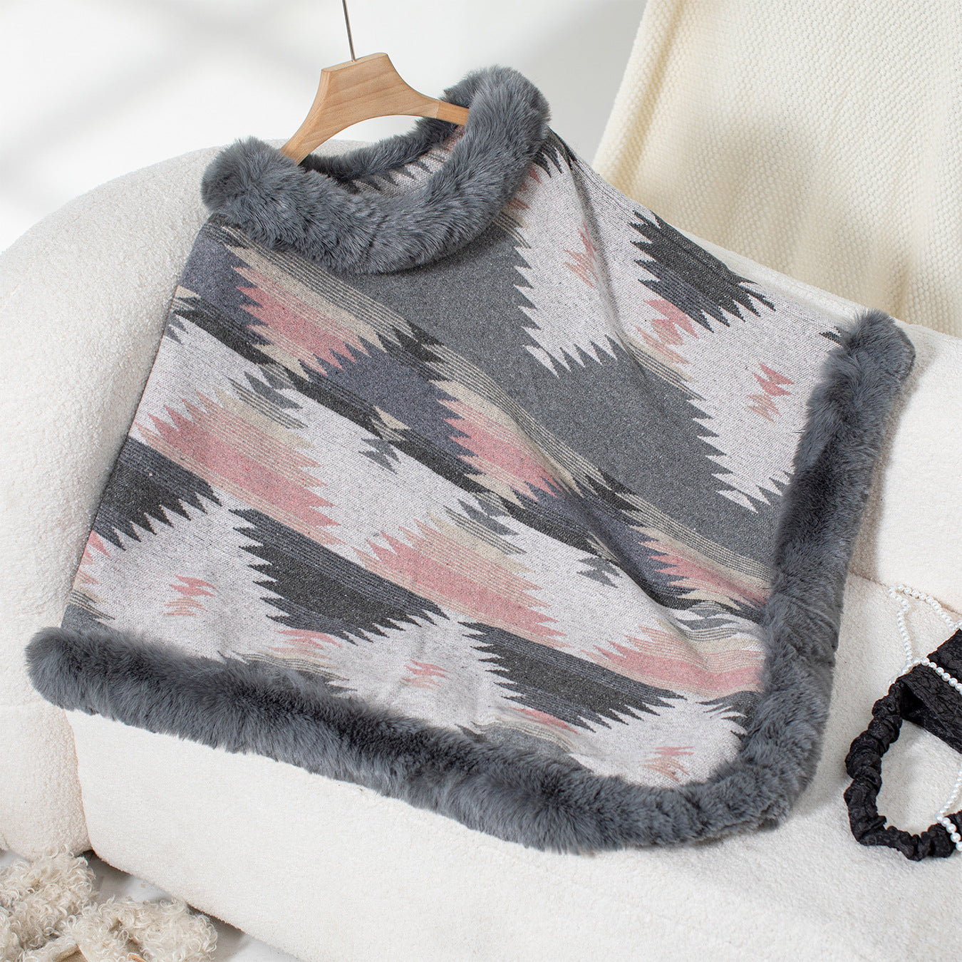 Autumn Winter Pullover Cloak Fur Collar Geometric Abstract Pattern Knitted Inverness Sweater Women