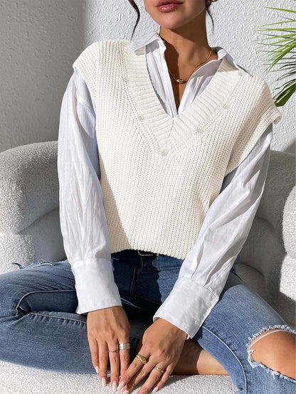 Women Vest Women Clothing Spring Autumn V neck Simple Vest Pearl Beaded Woven Sweater Waistcoat