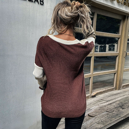 Autumn Winter Casual Women Long Sleeve Leopard Print Contrast Color Sweater