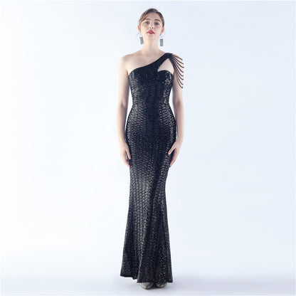 Magic Color Sequin Craft Beaded Shoulder Diagonal Collar High End Slim Fit Evening Dress