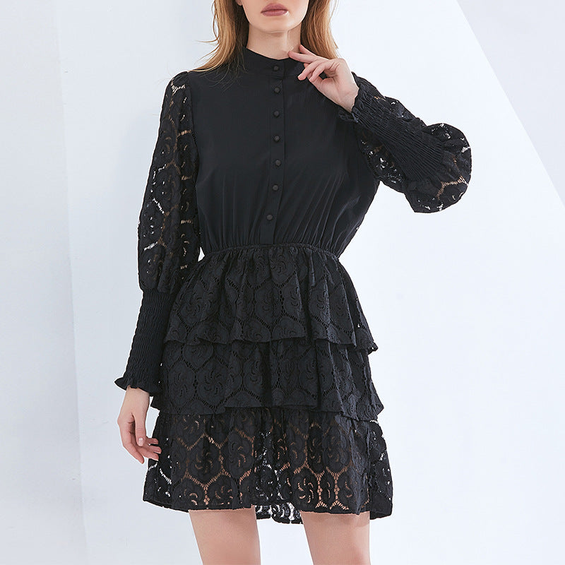 Niche Tiered Dress Spring French Solid Color Embroidered Long Sleeve Dress for Women