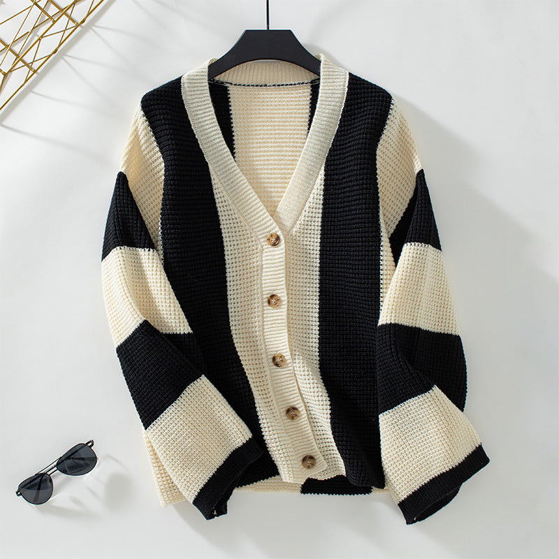 Contrast Color Striped Women Sweater Cardigan Autumn Winter Casual Loose Women Clothing Sweater