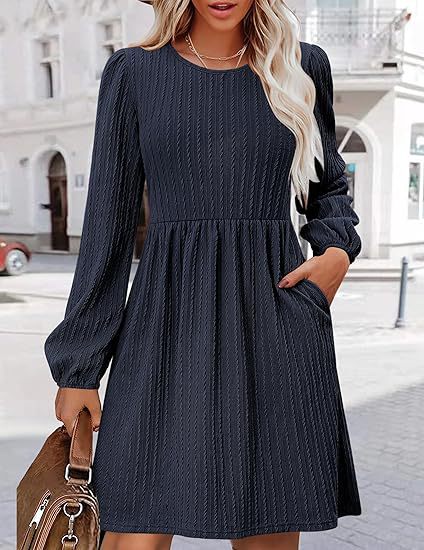 Women Clothing Round Neck Pocket Knitted Sweater Long Sleeve A Line Dress