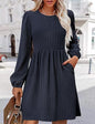 Women Clothing Round Neck Pocket Knitted Sweater Long Sleeve A Line Dress