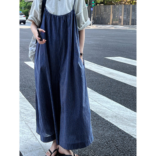 Retro Blue Striped Suspender Pants Women Summer Loose Casual Wide Leg Suspender Jumpsuit Culottes