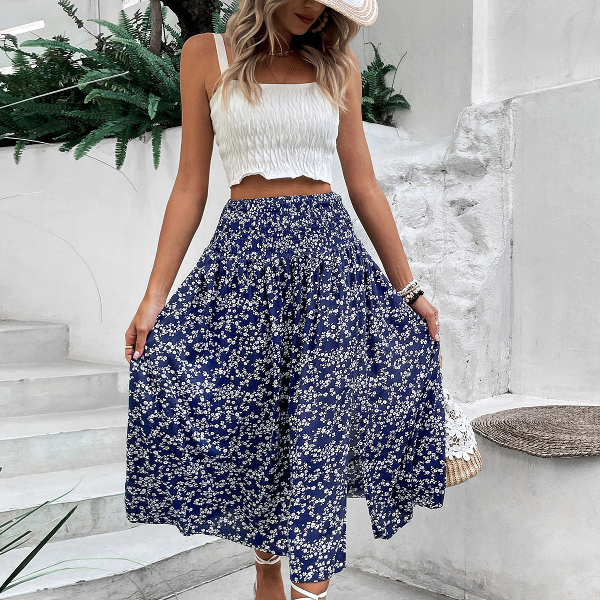 Summer Women Mid Length Blue Printed Skirt