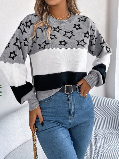 Autumn Winter Casual Color Matching Star Hollow Out Cutout Lantern Sleeve Pullover Sweater Women Clothing