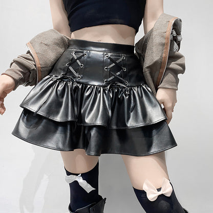 Dark Criss Cross Lace up Slimming Leather Skirt Double-Layer Stitching Faux Leather Zipper Pleated Skirt