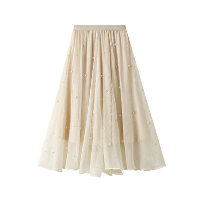 Ruffled Beaded Skirt for Women Spring Summer Maxi Dress High Waist Mid Length Irregular Asymmetric Skirt