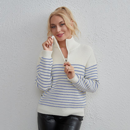 Striped Zipper Women Autumn Winter Graceful Casual Soft Glutinous Long Sleeved Sweater Sweater