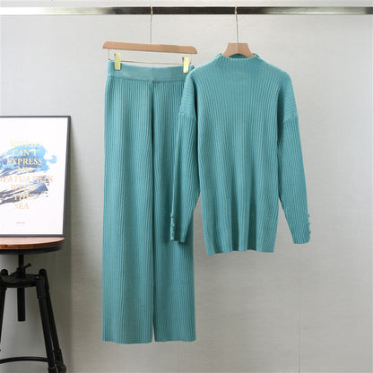 Spring Autumn Casual Solid Color Loose Sweater Wide Leg Pants Trousers Knitted Two Piece Pant Sets