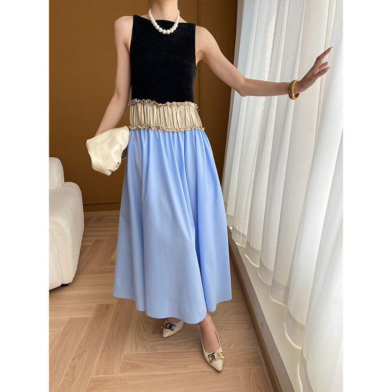 French Oil Painting Color Advanced Color Contrast Patchwork Sleeveless Dress Early Autumn