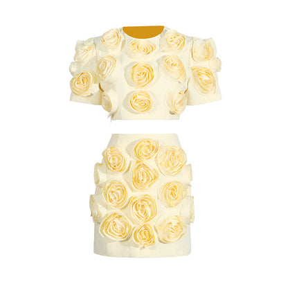 French Sweet Summer Three-Dimensional Floral Decoration Puff Sleeve Top High Waist Short Skirt Set