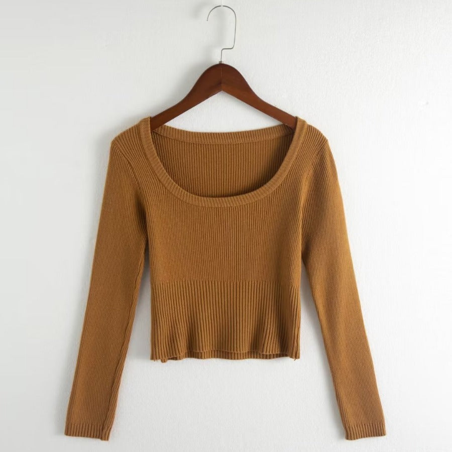 Autumn round Neck Slim Fit Short Long Sleeve Solid Color Women Knitwear Tops