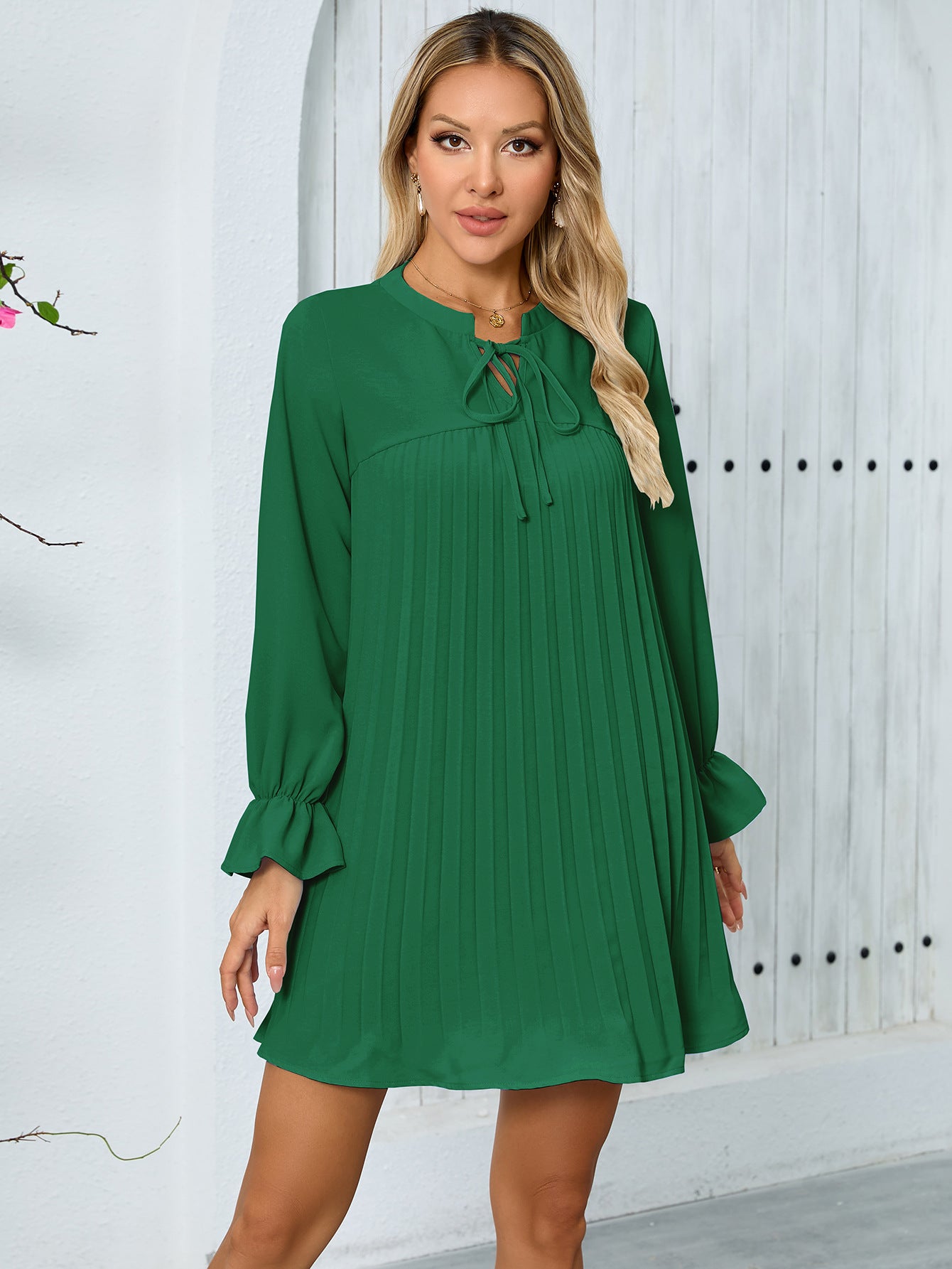 Autumn Women Clothing Lantern Sleeve Long Sleeve Solid Color Pleated Casual Loose Dress